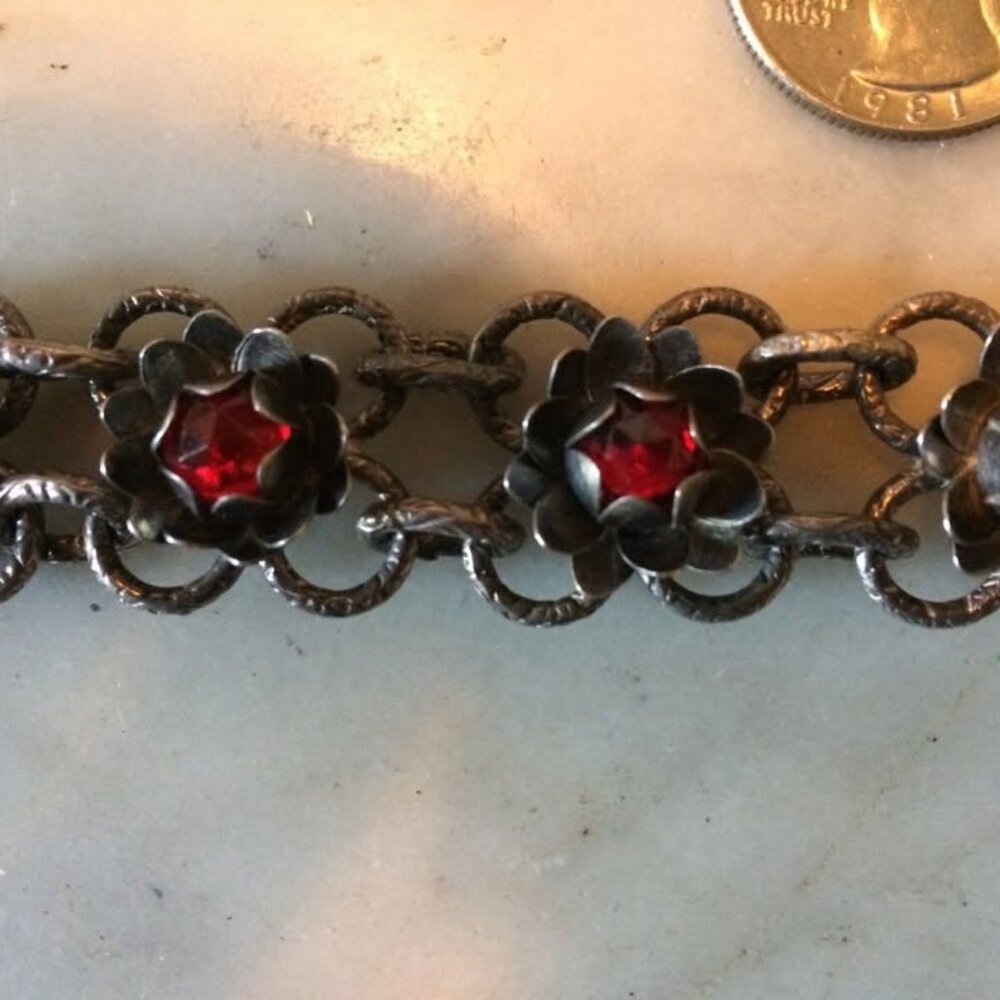 vtg 1940 STERLING NADO roses flowers ruby paste glass art nouveau bracelet 39 g.